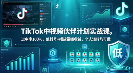 TikTok中视频伙伴计划实战课，过中率100%，低封号+播放量賺收益，个人矩阵均可做-三月轻创