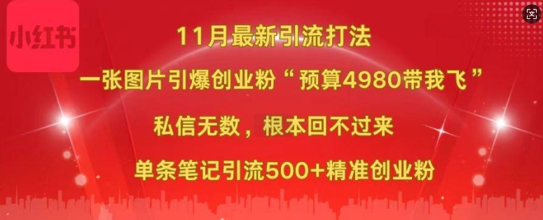小红书11月最新图片打粉，一张图片引爆创业粉，“预算4980带我飞”，单条引流500+精准创业粉-三月轻创