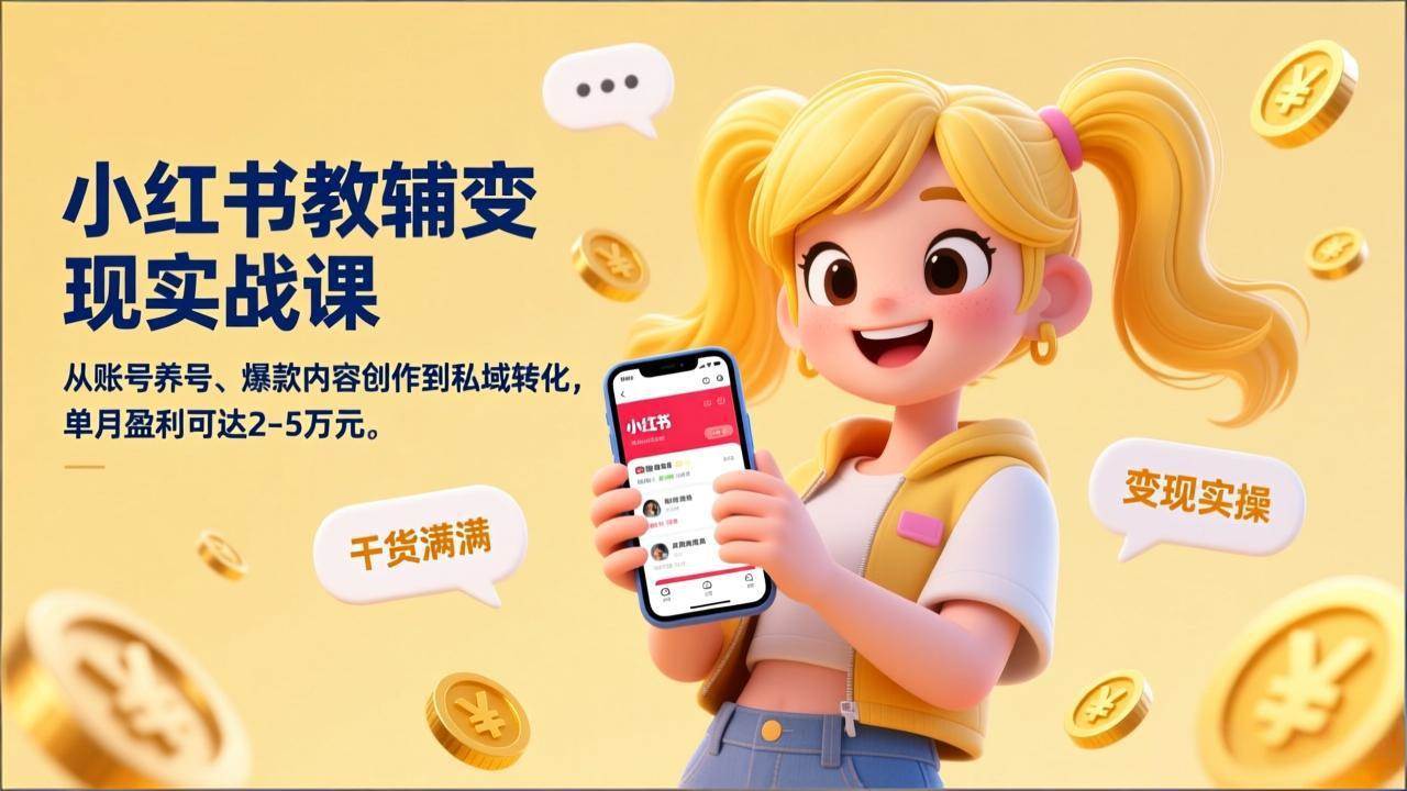 （17334期）小红书教辅变现实战课，从账号养号、爆款内容创作到私域转化，单月盈利可达2-5万元-三月轻创