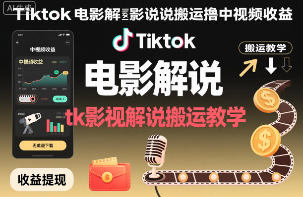 Tiktok电影解说搬运撸中视频收益，tk影视解说搬运教学-三月轻创