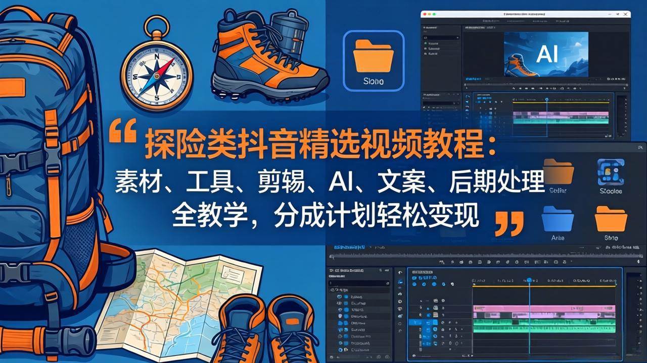 （17994期）探险类抖音精选视频教程：素材、工具、剪辑、AI、文案、后期处理全教学，分成计划轻松变现-三月轻创