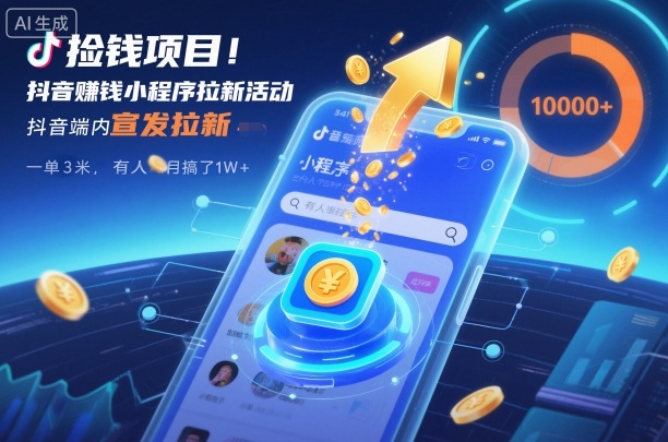 捡钱项目！抖音賺钱小程序拉新活动，抖音端内宣发拉新，一单3米，有人半个月搞了1W+-三月轻创