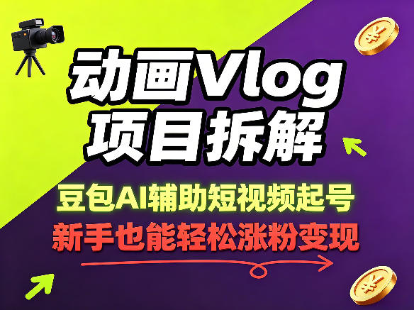 动画Vlog项目拆解，豆包AI辅助短视频起号，新手也能轻松涨粉，43条作品涨粉8.3W-三月轻创