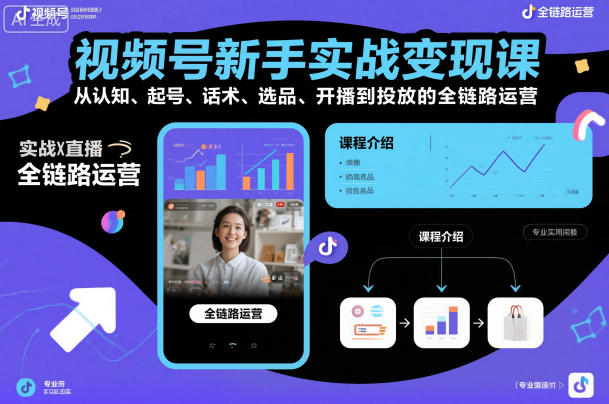 视频号新手实战变现课，从认知、起号、话术、选品、开播到投放的全链路运营-三月轻创