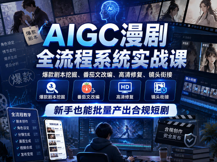 AIGC漫剧全流程系统实战课,爆款剧本挖掘、番茄文改编、高清修复、镜头衔接,新手也能批量产出合规短剧-三月轻创