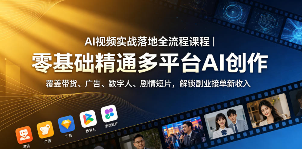 AI视频实战落地全流程课程｜零基础精通多平台AI创作，覆盖带货、广告、数字人、剧情短片，解锁副业接单新收入-三月轻创