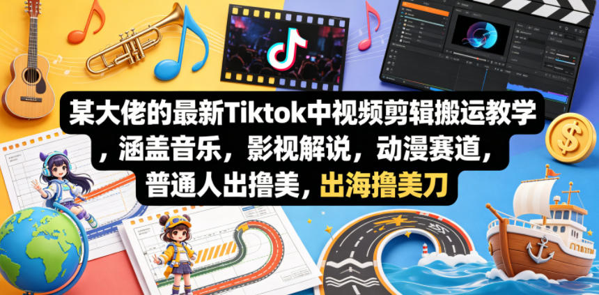 某大佬的最新Tiktok中视频剪辑搬运教学，涵盖音乐，影视解说，动漫赛道，普通人出海撸美刀-三月轻创