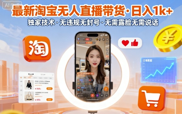 最新淘宝无人直播带货，日入1k+，独家技术，无违规无封号，无需露脸无需说话【揭秘】-三月轻创