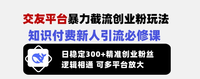 交友平台暴力截流创业粉玩法，知识付费新人引流必修课，日稳定300+精准创业粉丝，逻辑相通可多平台放大-三月轻创