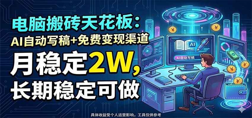 电脑搬砖天花板：AI自动写稿+免费变现渠道，月稳定2W，长期稳定可做-三月轻创