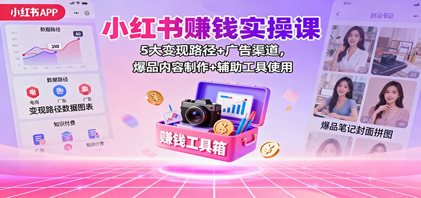 小红书赚钱实操课：5大变现路径+广告渠道，爆品内容制作+辅助工具使用-三月轻创