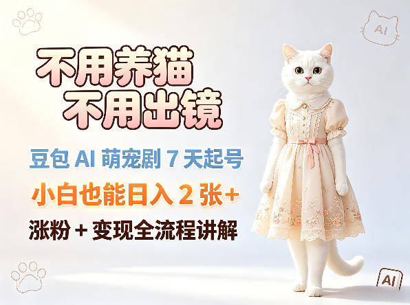 不用养猫不用出镜，豆包AI萌宠剧7天起号，小白也能日入2张+，涨粉+变现全流程讲解-三月轻创