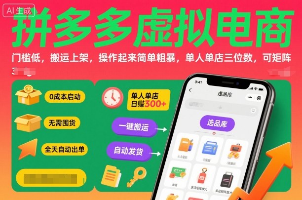 拼多多虚拟电商，门槛低，搬运上架，操作起来简单粗暴，单人单店三位数，可矩阵-三月轻创