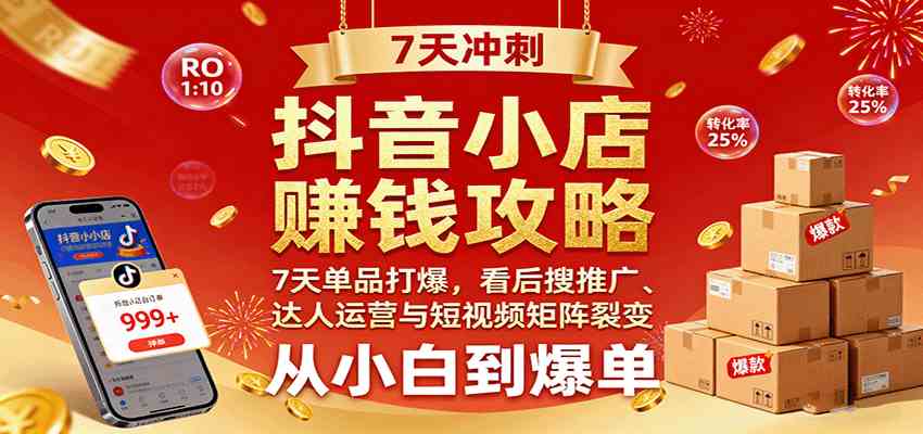抖音小店赚钱攻略：7天单品打爆技巧，看后搜推广、达人运营与短视频矩阵裂变实战-三月轻创