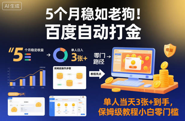 5个月稳如老狗！百度自动打金，单人当天3张+到手，保姆级教程小白零门槛【揭秘】-三月轻创