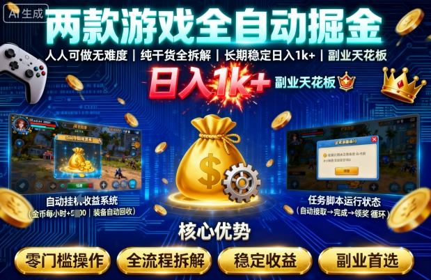 两款游戏全自动掘金，人人可做无难度，纯干货全拆解，长期稳定，日入1k+，副业天花板【揭秘】-三月轻创