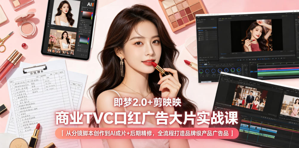 即梦2.0+剪映商业TVC口红广告大片实战课|从分镜脚本创作到AI成片+后期精修,全流程打造品牌级产品广告-三月轻创