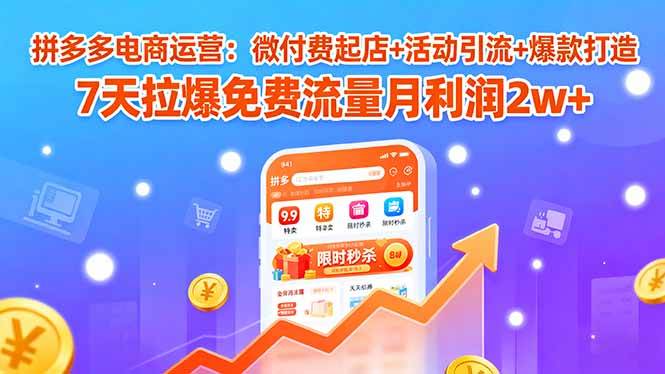 （15960期）拼多多电商运营：微付费起店+活动引流+爆款打造 7天拉爆免费流量月利润2w+-三月轻创