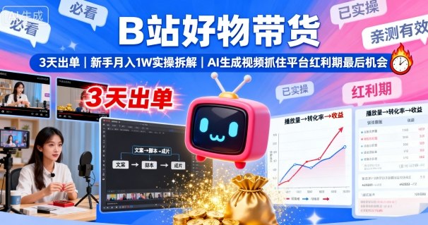 B站好物带货，3天出单，新手月入1W实操拆解，AI生成视频，抓住平台红利期最后机会-三月轻创