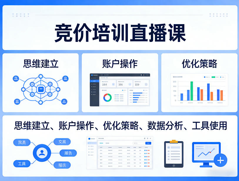 竞价培训直播课，覆盖思维建立、账户操作、优化策略、数据分析、工具使用等，全方位提升效果-三月轻创