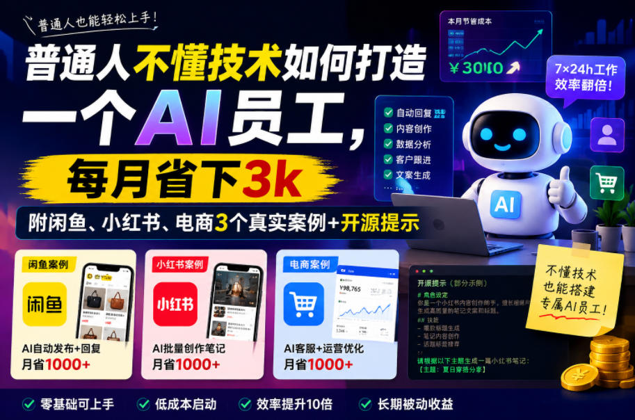 普通人不懂技术如何打造一个AI员工,每月省下3k,附闲鱼、小红书、电商3个真实案例+开源提示【文档】-三月轻创