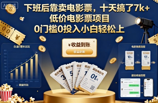 下班后靠卖电影票，十天搞了7k+，低价电影票项目，0门槛0投入小白轻松上手【揭秘】-三月轻创