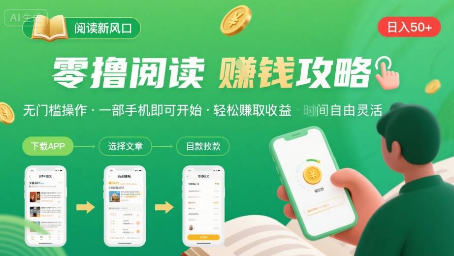 零撸阅读新风口，无门槛轻松挣，一部手机，日入 50-3张【揭秘】-三月轻创