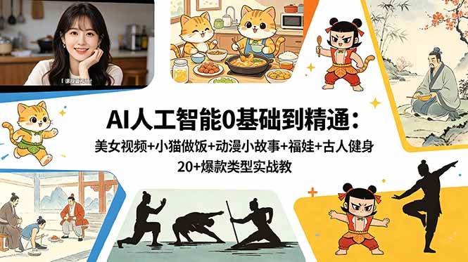 (18685期)AI人工智能0基础到精通:美女视频+小猫做饭+动漫小故事+福娃+古人健身,20+爆款类型实战教学-三月轻创