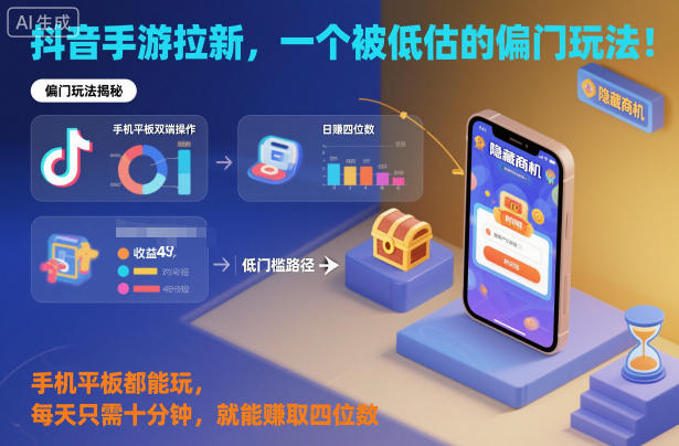 抖音手游拉新，一个被低估的偏门玩法！手机平板都能玩，每天只需十分钟，就能賺取四位数【揭秘】-三月轻创