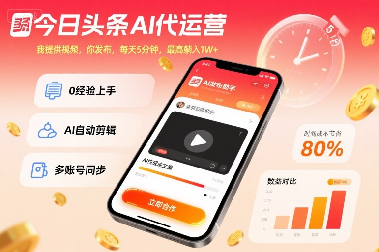 今日头条AI代运营，我提供视频，你发布，每天5分钟，最高躺入1W+【揭秘】-三月轻创