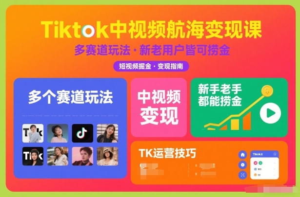 Tiktok中视频航海变现课，多个赛道玩法，新手老手都能在TK中视频捞金-三月轻创