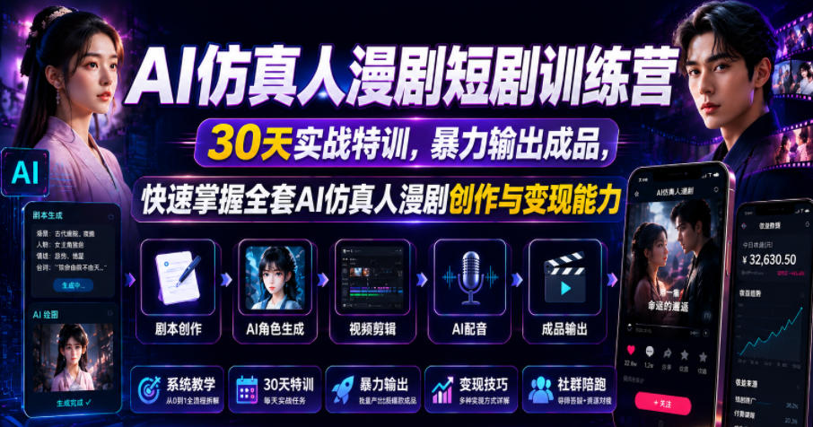AI仿真人漫剧短剧训练营,30天实战特训,暴力输出成品,快速掌握全套AI仿真人漫剧创作与变现能力-三月轻创