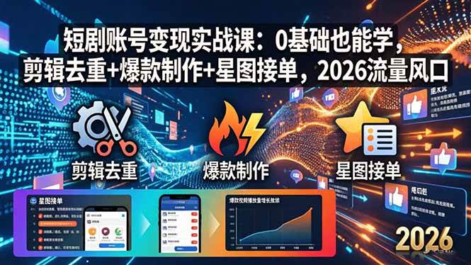 （18160期）短剧账号变现实战课：0基础也能学，剪辑去重+爆款制作+星图接单，2026流量风口-三月轻创