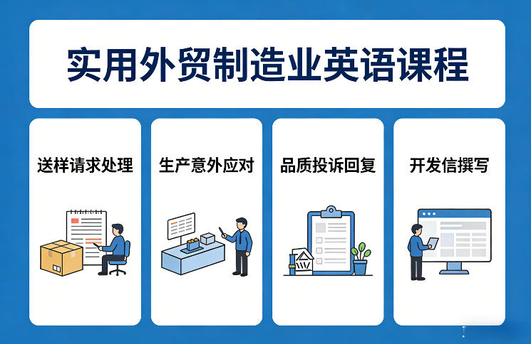 实用外贸制造业英语课程，教你专业处理送样请求、应对生产意外、回复品质投诉、撰写开发信等-三月轻创