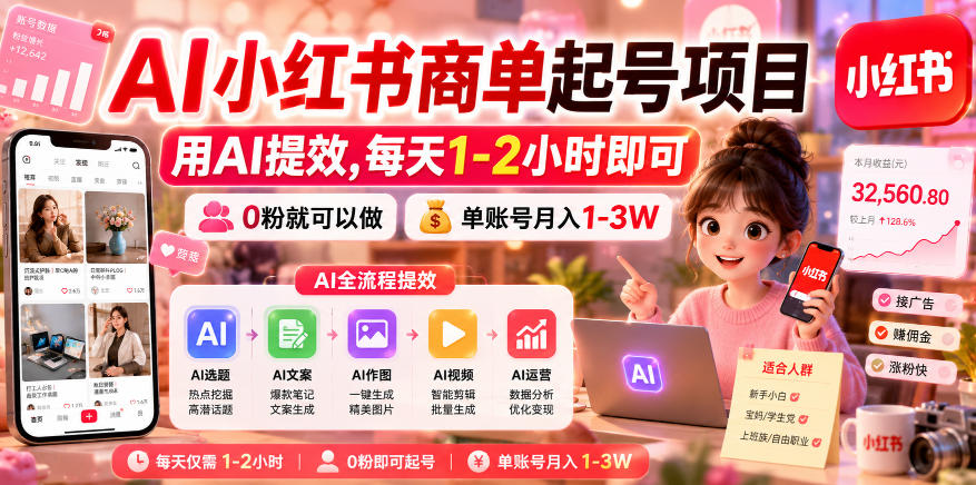 AI小红书商单起号项目,用AI提效,每天1-2小时即可,0粉就可以做,单账号月入1-3W-三月轻创