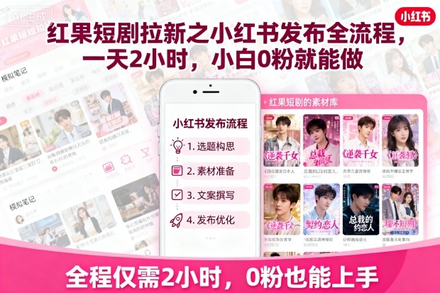 红果短剧拉新之小红书发布全流程，一天2小时，小白0粉就能做-三月轻创