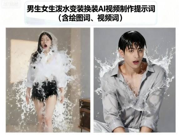 男生女生泼水变装换装AI视频制作提示词(含绘图词、视频词)-三月轻创