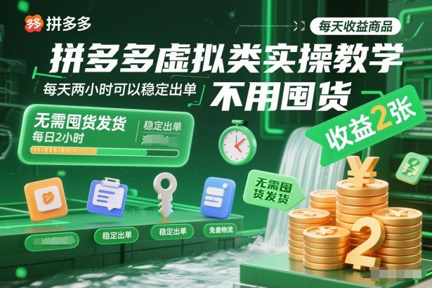 拼多多虚拟类实操教学，不用囤货、不用发货，每天两小时可以稳定出单，每天收益2张-三月轻创