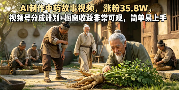 AI制作中药故事视频，涨粉35.8W，视频号分成计划+橱窗收益非常可观，简单易上手-三月轻创