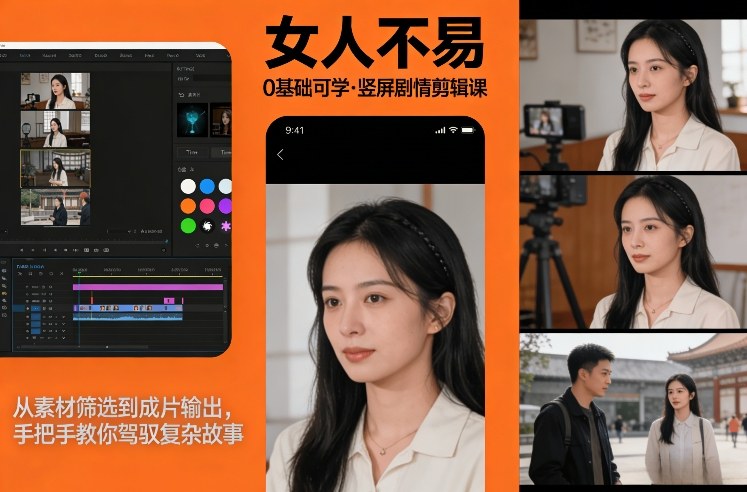 0基础可学！《女人不易》竖屏剧情剪辑课，从素材筛选到成片输出，手把手教你驾驭复杂故事-三月轻创