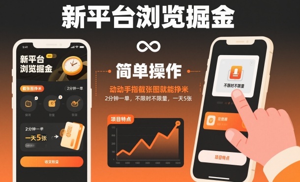 新平台浏览掘金，动动手指截张图就能挣米，2分钟一单，不限时不限量，一天5张【揭秘】-三月轻创