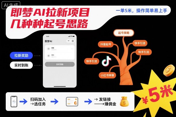 即梦AI拉新项目几种起号思路，一单5米，操作简单易上手-三月轻创