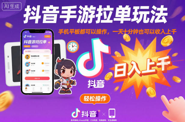 抖音手游拉单玩法，手机平板都可以操作，一天十分钟也可以收入上K【揭秘】-三月轻创