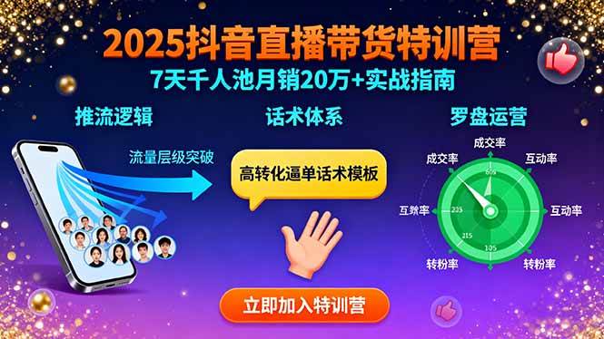 （15958期）2025抖音直播带货特训：推流逻辑、话术体系、罗盘运营,7天千人池月销20万+-三月轻创