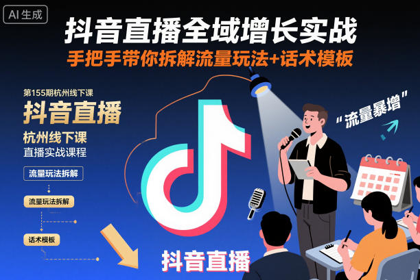 抖音直播全域增长实战第155期杭州线下课，手把手带你拆解流量玩法+话术模板-三月轻创