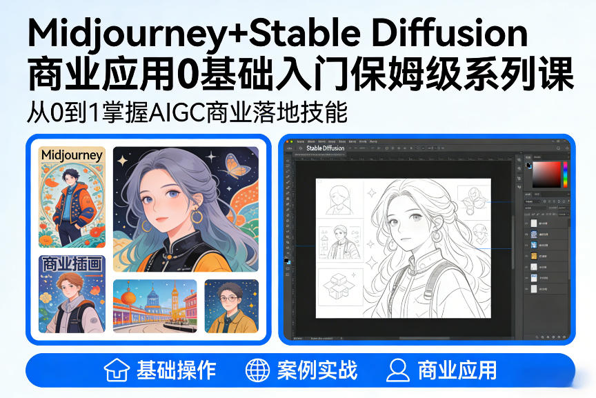AIGC商业应用Midjourney+Stable Diffusion教程,0基础入门保姆级系列课 AIGC商业应用Midjourney+Stable Diffusion教程,0基础入门保姆级系列课