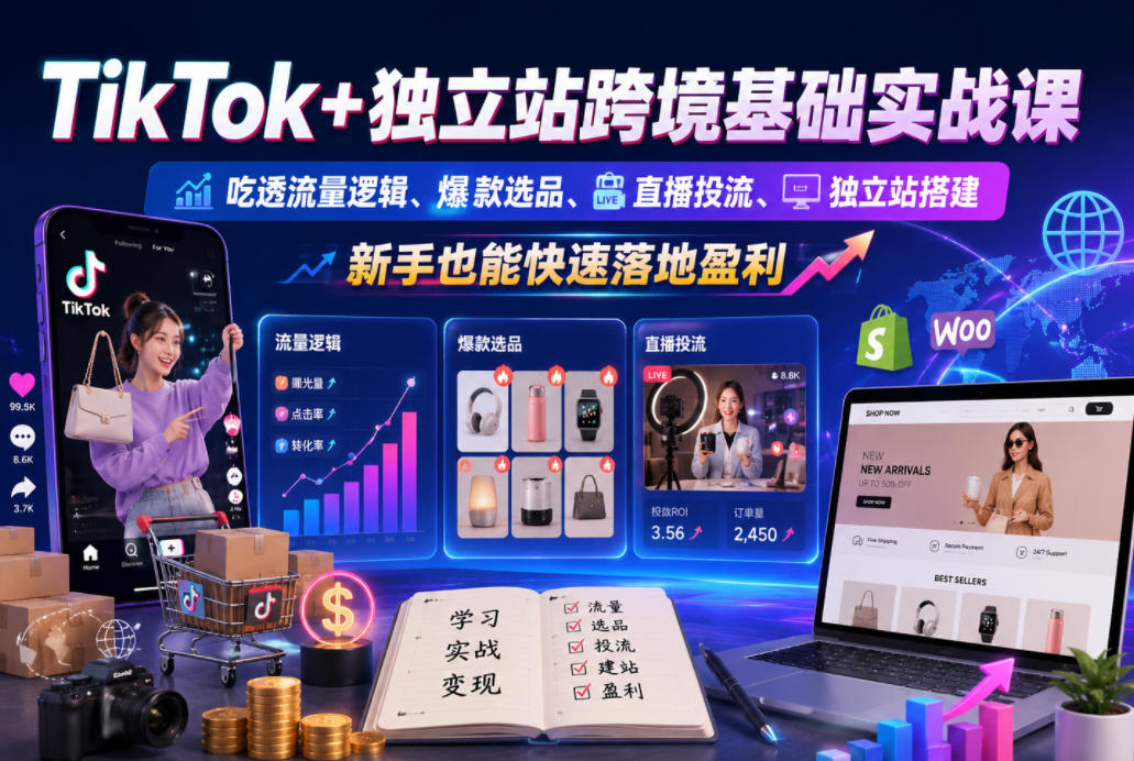 TikTok+独立站跨境基础实战课,吃透流量逻辑、爆款选品、直播投流与独立站搭建,新手也能快速落地盈利-三月轻创