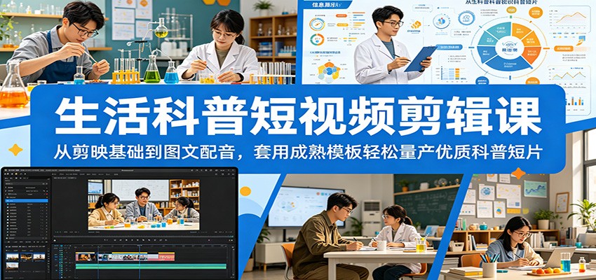 生活科普短视频剪辑课：从剪映基础到图文配音，套用成熟模板轻松量产优质科普短片-三月轻创