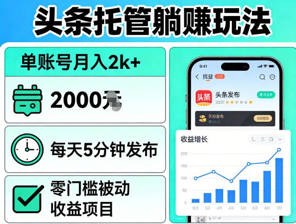 头条托管躺賺玩法，单账号月入2k+，每天5分钟发布即可，零门槛被动收益项目【揭秘】-三月轻创