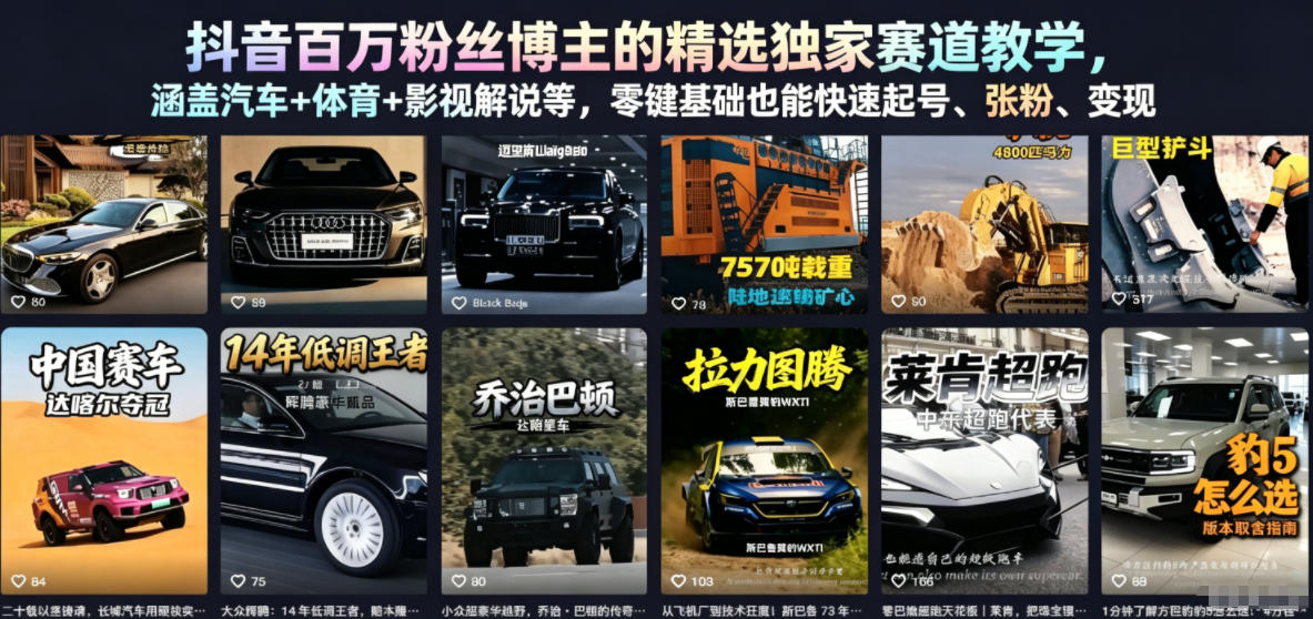 抖音百万粉丝博主的精选独家赛道教学,涵盖汽车+体育+影视解说等,零基础也能快速起号、涨粉、变现-三月轻创